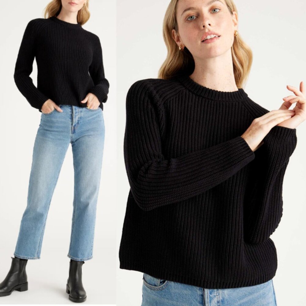 Quince Black Ribbed Crewneck Sweater